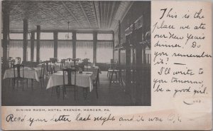 Postcard Dining Room Hotel Reznor Mercer PA 1907