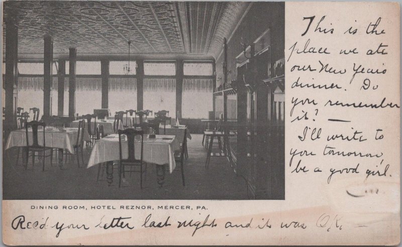 Postcard Dining Room Hotel Reznor Mercer PA 1907