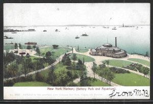 Battery Park and Aquarium, New York Harbor, Manhattan, NYC, Very Early Postcard