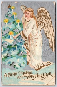 A Merry Christmas & A Happy New Year Greetings and Wishes Angel Postcard