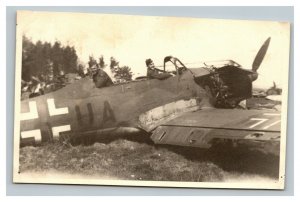 Vintage 1940's WW2 Postcard US Army Soldiers in Crashed German Warplane COOL