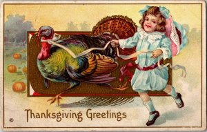 Girl Leading Turkey on a Ribbon, Thanksgiving Greetings c1913 Vtg Postcard U03