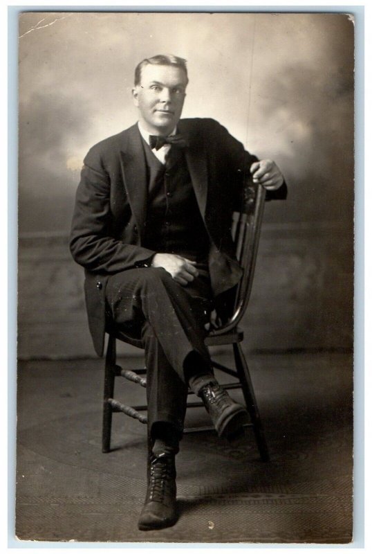 1915 Man Sat On Chair Studio Portrait Toronto South Dakota RPPC Photo Postcard