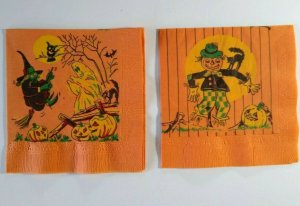 Vintage Halloween Crepe Napkins Witch Ghost Scarecrow Owl Black Cat Lot Of 2