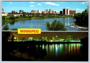 Red River, Day And Night, Winnipeg, Manitoba, Chrome Split View Postcard