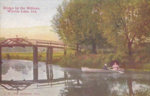 Indiana Winona Lake Bridge By The Willows With Couple In Canoe