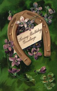 Vintage Postcard 1910's Loving Happy Birthday Greetings Horseshoe & Flowers