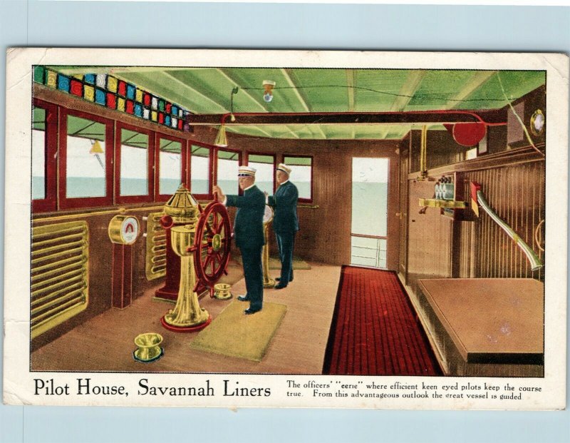 Postcard Savannah Liners Pilot House 1913 Captain Ships Wheel AD16