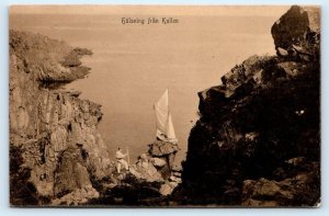 KULLEN, Scania, Sweden ~ Rocky COASTAL SCENE & SAILBOAT c1910s Postcard