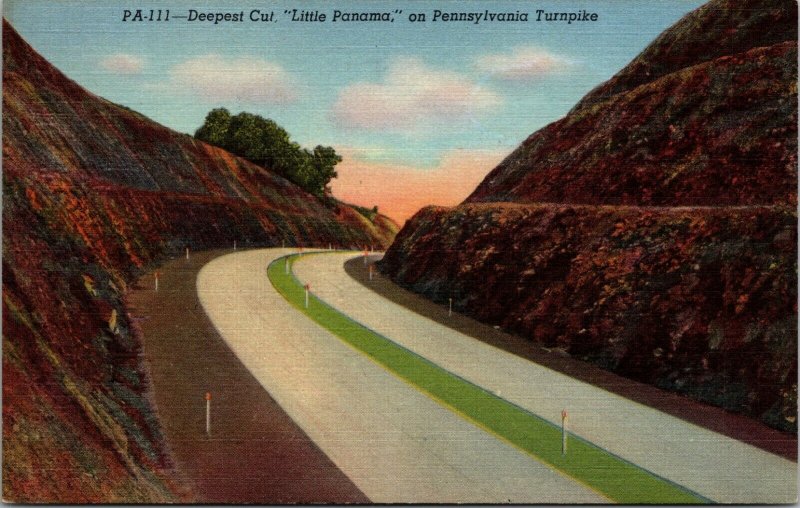 VINTAGE Postcard Deepest Cut, Little Panama on Pennsylvania Turnpike ROADS LINEN