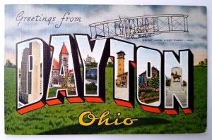 Greetings From Dayton Ohio Large Letter Linen Postcard Kropp Wright Bros Plane