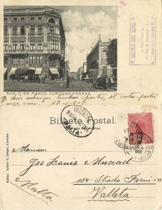 brazil, CURITYBA, Rua 1º de Março, Street Scene (1905) Postcard Sent to Malta
