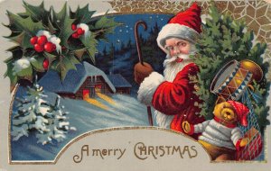 Greetings Santa Claus Father Christmas Red Robe Holy Tree Teddy postcard  B927
