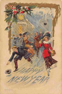 Happy New Year Winter Blizzard Street Scene 1910 postcard
