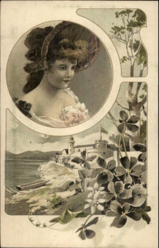 Art Nouveau - Beautiful Woman Coastal Lighthouse Scene c1905 Postcard