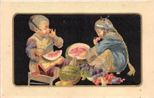 Lot353 asian children eating melon postcard china artist signed London