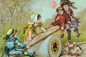 1880's J&P Coats Thread Lovely Kids Seesaw Victorian Trade Card F95