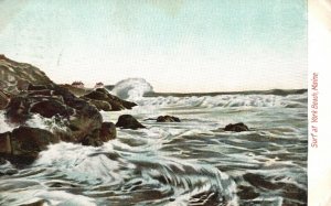 Vintage Postcard 1908 Surf at York Beach ME Maine Ocean and Rock Scene