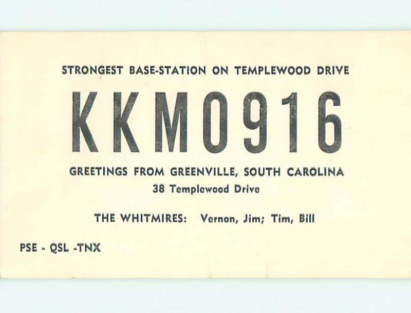 Vintage Qsl Ham Radio Card Greenville South Carolina SC t1694