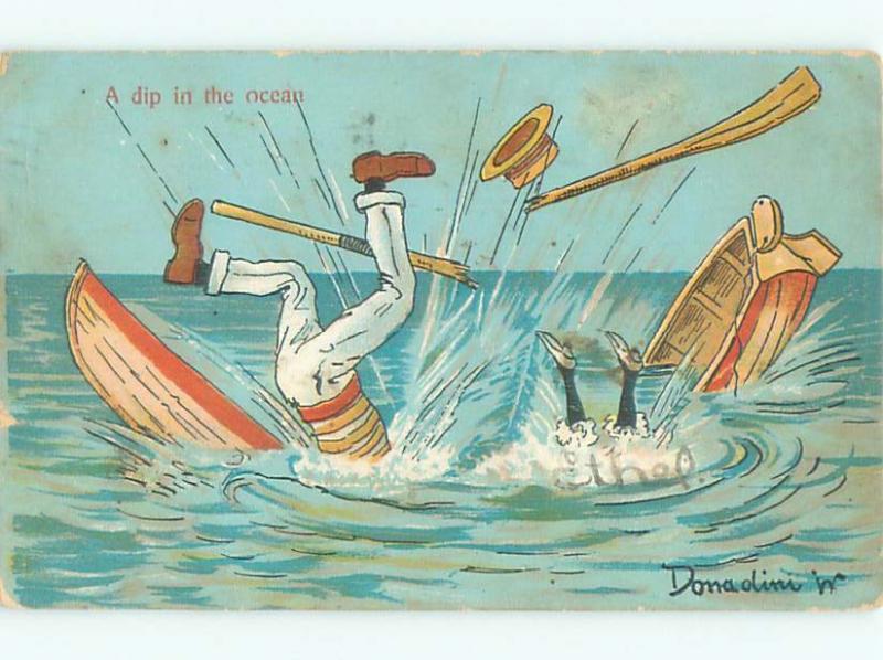 1906 Comic signed COUPLE FALL FROM OVERTURNED BOAT AB9176