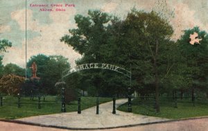 Vintage Postcard 1909 Entrance Grace Park Akron OH Ohio Statue