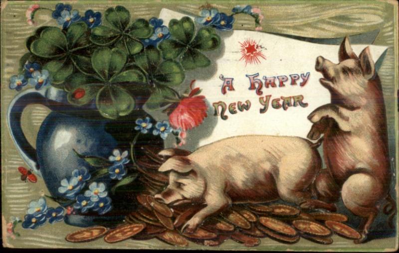 New Year - Pigs & Gold Coins c1910 Postcard