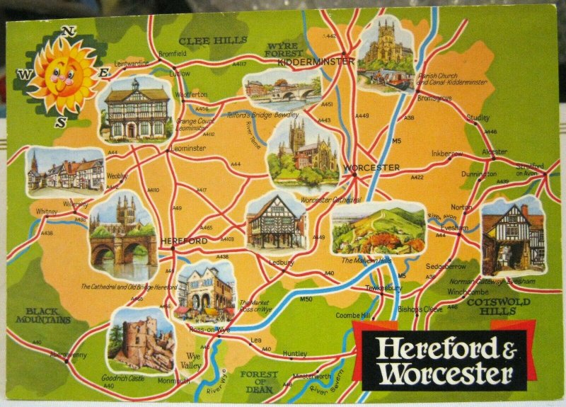 England Hereford and Worcester Map Postcard - unposted