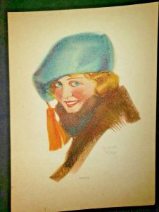 Vintage Lithograph Vesta Print George Perry Lady in Fur Blue Hat 5x3 B5