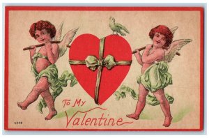 c1910's Valentine Cupid Angels With Heart Bird Unposted Antique Postcard