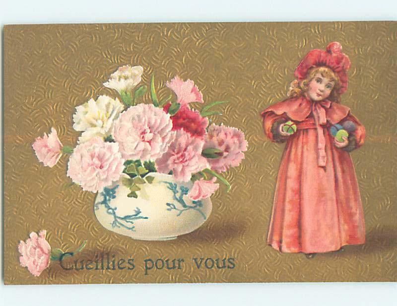 Pre-Linen foreign TWO FRENCH GIRL HOLDING COLDER EASTER EGGS HL4950