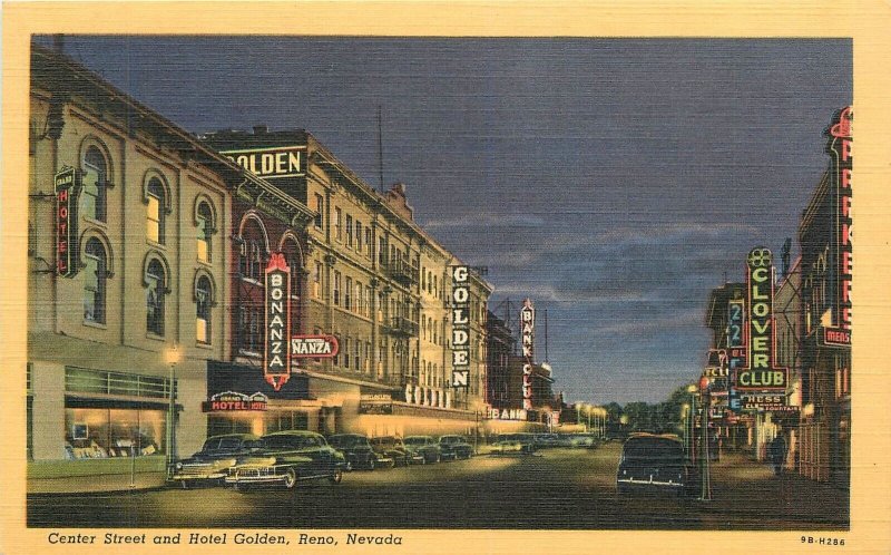 Postcard Nevada Reno Center Street Hotel Golden Night autos Teich 23-8023