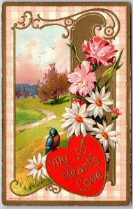 My Heart Love Valentine Flowers Bird And Landscape Design Postcard