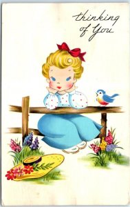 Postcard - Thinking of You with Girl Bird Flowers Art Print