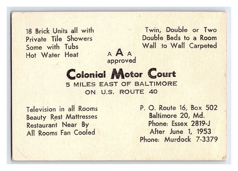 Colonial Motor Court Baltimore Maryland Vintage 1950's Business Card
