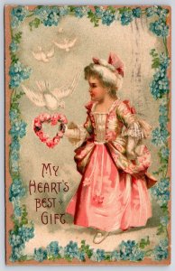 Vintage Postcard 1908 My Heart's Best Gift Greeting Birds & a Girl in Pink Dress