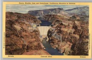 Linen Postcard~Hoover Dam & Powerhouse~Nevada/Arizona
