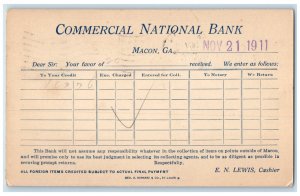 1911 Commercial National Bank Macon Georgia GA Savannah GA Postal Card