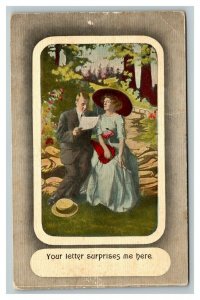 Vintage 1912 Postcard Couple in Park - Man Reading Breakup Letter