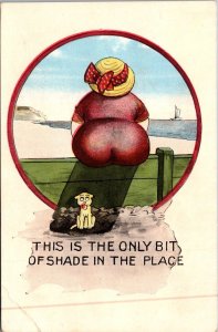 Humour Fat Woman & Dog This Is The Only Bit Of Shade In The Place