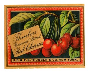 1870s-80s Thurber Can Label Preserved Pitted Cherries #6M