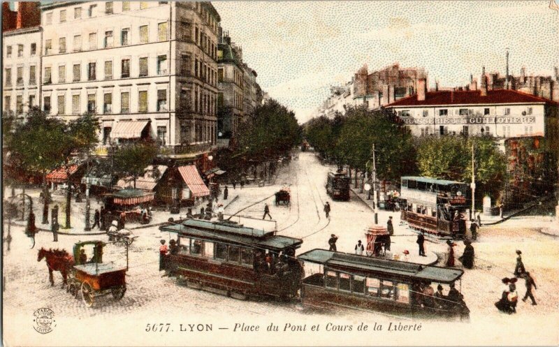 Lyon du Pont et Cours de la Liberte Double Trolley Horse Street Antique Postcard 