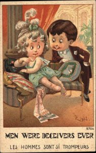 A/S Right French Comic Little Girl and Boy Deceitful Men c1910 Vintage Postcard