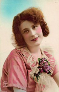 BEAUTIFUL WOMAN WITH FLOWERS ON HER DRESS~FRENCH PHOTO POSTCARD