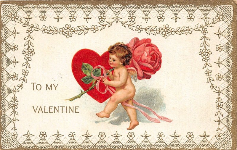 J9/ Valentine's Day Love Holiday Postcard c1910 Cupid ose Flower Heart135