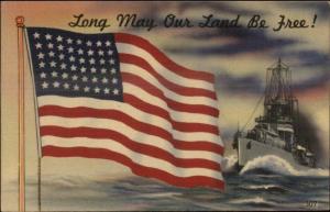 WWII American Flag & Navy Ship Battleship 305 Series Linen Postcard #1