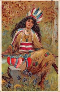 VALENTINE HOLIDAY THINK OF ME INDIAN WOMAN EMBOSSED POSTCARD 1911