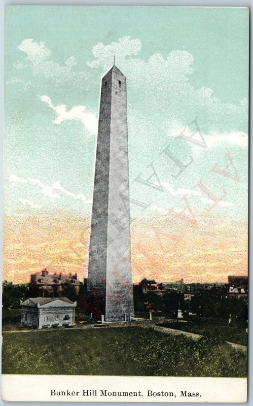 c1910s Boston, MA Bunker Hill Monument Nice Litho Art Postcard Obelisk Mass A200