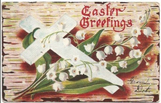 White Cross & White Lily of The Valley on Birch Bark Vintage Postcard Easter