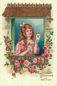 Victorian Girl With Flowers And A Letter Happy New Year Vintage Postcard 08.17