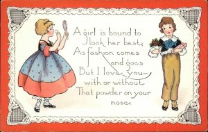 Girl Powders Nose While Boy Looks On ROMANCE VERSE c1910 Postcard